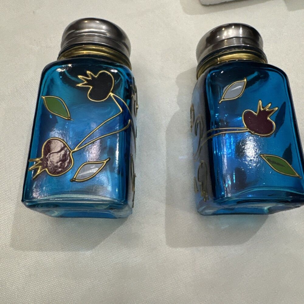 Salt & Pepper Light Blue Glass Shakers - Pomegranates - Karshi Jerusalem New Box - Picture 3 of 7
